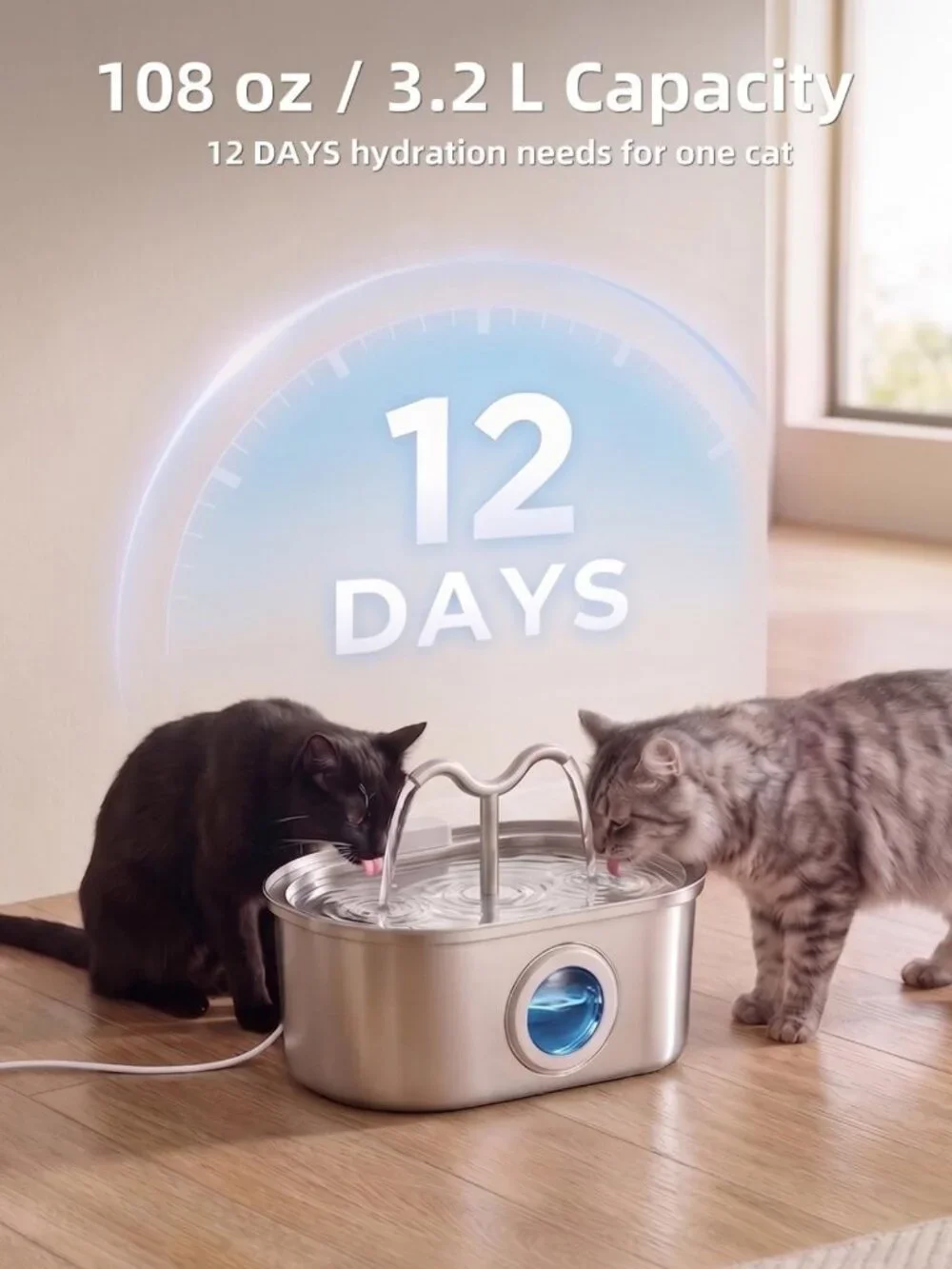 Stainless Steel 3.2L Cat Water Fountain - Pet Hydration, Quiet & Easy Clean